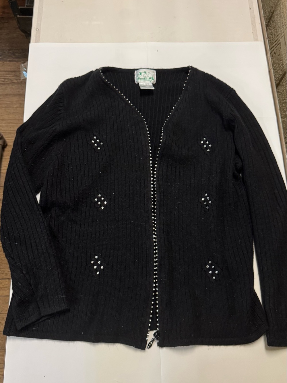 Quacker Factory Women’s Black Rhinestone-Trim Ribbed Cardigan Sweater size Large
